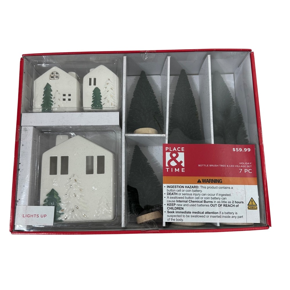 Place & Time 7 Pc Ceramic Led Village House‎ Set Bottle Brush Tree Home Decor
